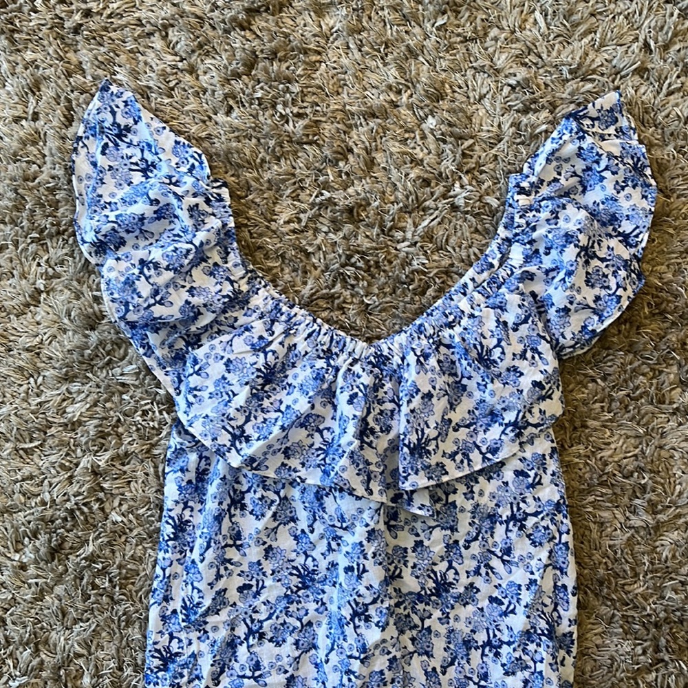 REBECCA TAYLOR Aimee Off Shoulder Blue & White Cotton Floral Top - Picture 8 of 13